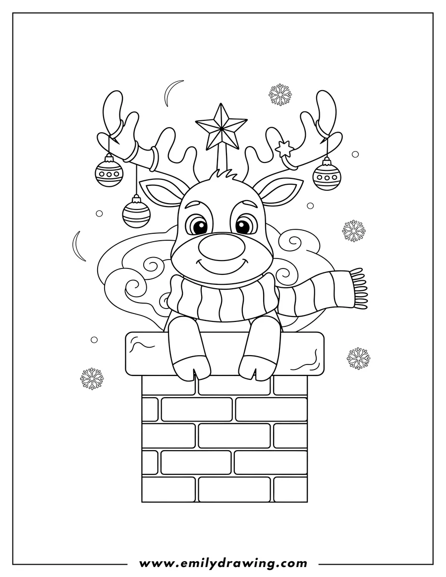 Vector style outline of cute Reindeer in a chimney, wearing a striped scarf, with antlers decorated with Christmas baubles and a star