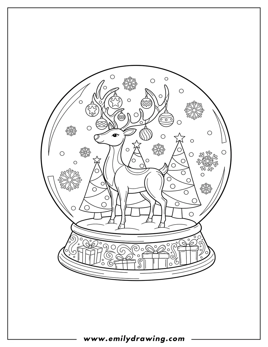Simple sketch of reindeer Snow Globe With Snowflakes, with ornaments on its antlers and Christmas trees inside to color