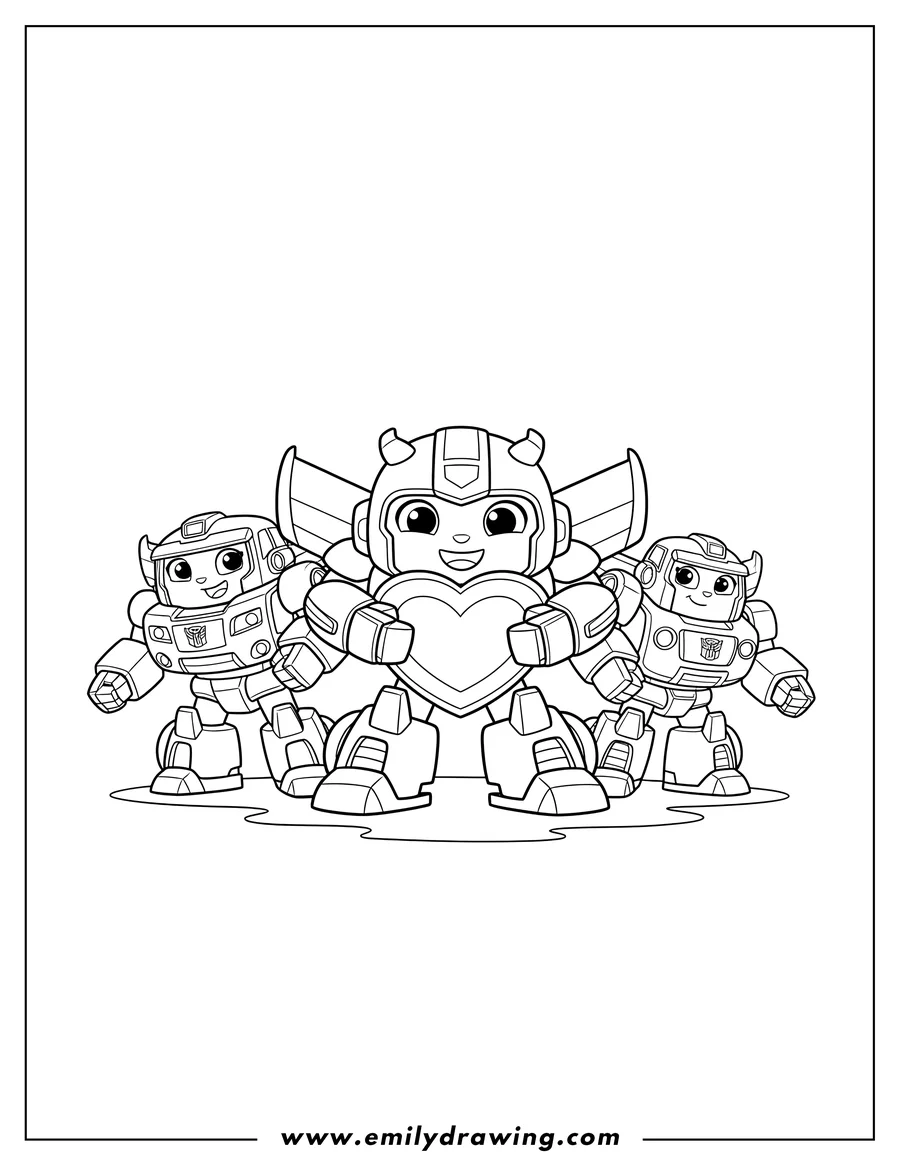 Clean line drawing: rescue Bots Bumblebee Preschoolers standing with heart emblem