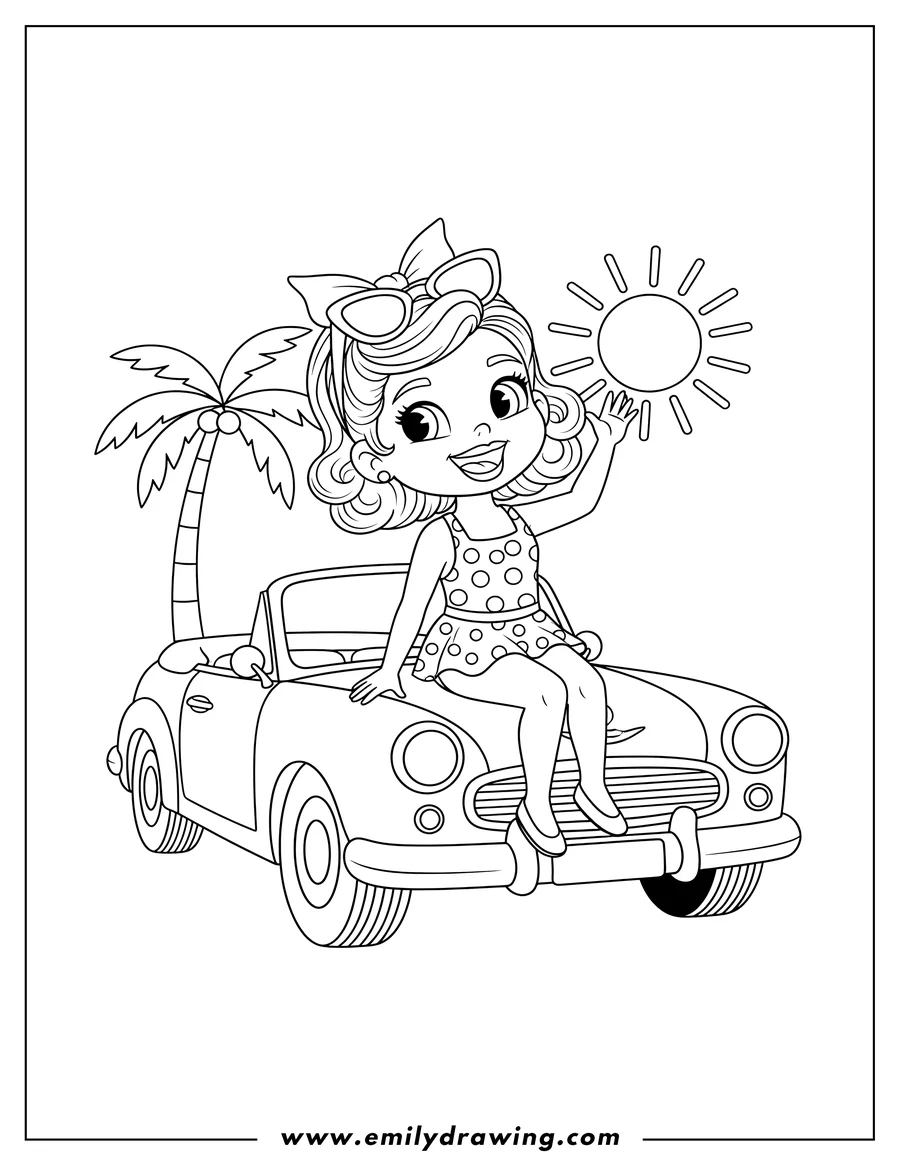 PDF style coloring page: retro girl in a polka-dot swimsuit sitting on the front of a classic car, smiling