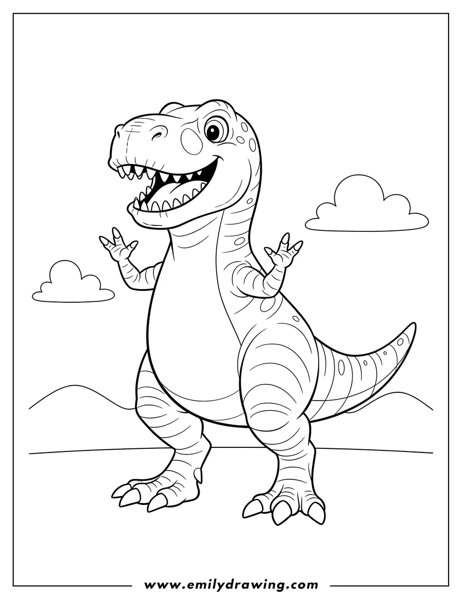 Clean line drawing: rex Dinosaur Scaled, standing with a happy open mouth and raised arms