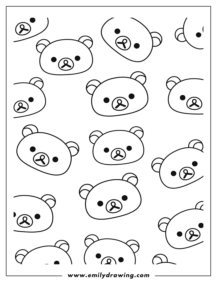 Linear illustration of cute Rilakkuma heads with bow-shaped mouths in a scattered outline pattern