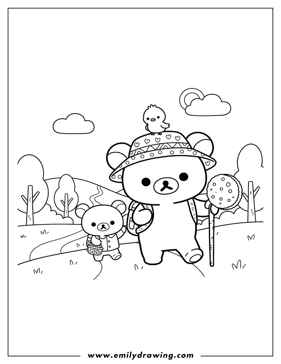 Coloring page of rilakkuma hiking with Kiiroitoiri on his head wearing a hat, Korilakkuma and Chairoikoguma holding a cookie in a basket
