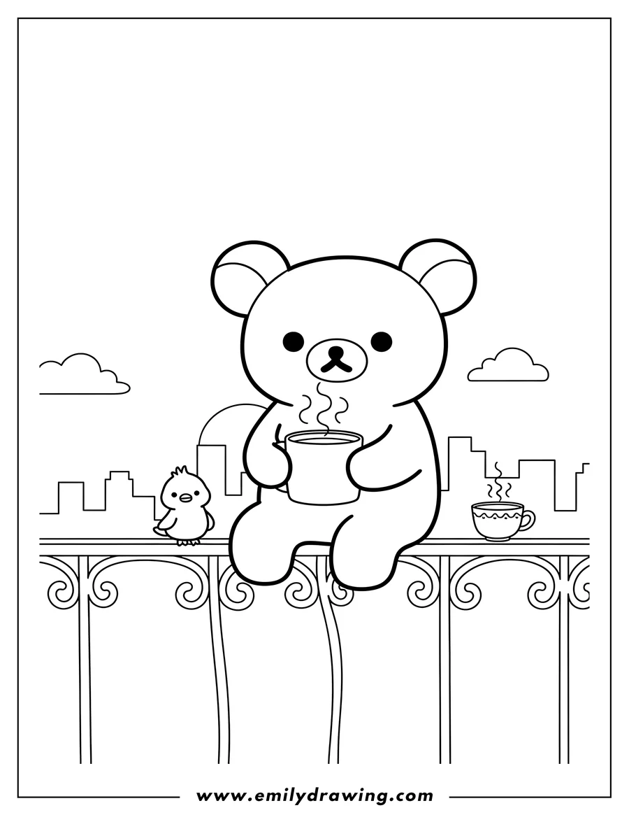 Clean line drawing: rilakkuma holding a steaming mug with Kiiroitori and a cup on a balcony