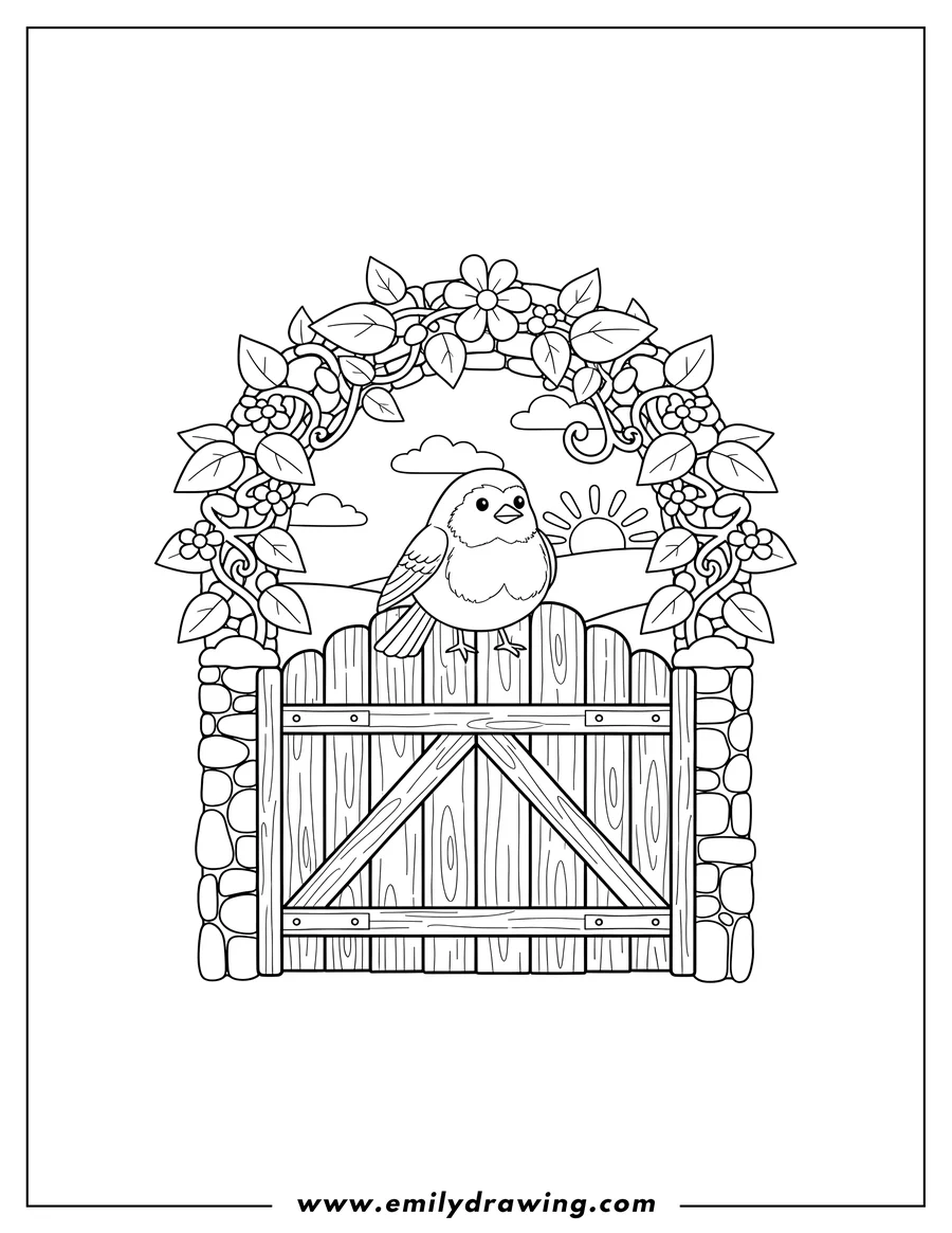 Coloring page of robin perched on a closed wooden garden gate beneath a leafy stone archway in the countryside