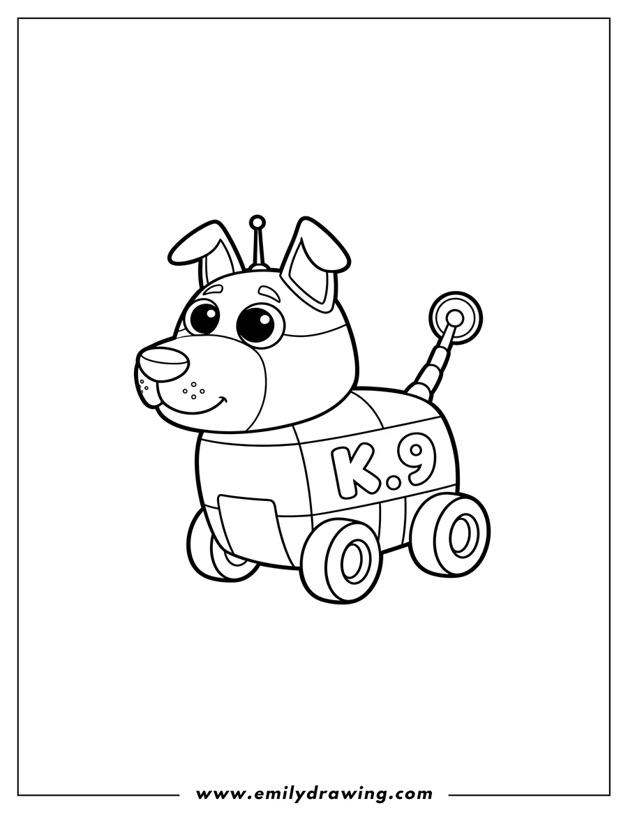 Black and white line art of cute Robot K9 from Doctor Who, with an antenna tail and K.9 on its side, for preschoolers
