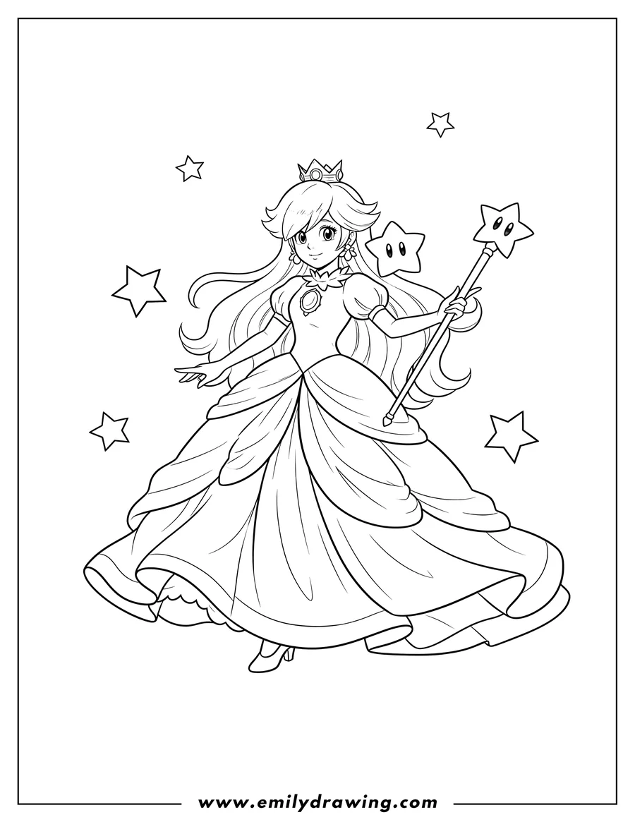 Doodle style coloring picture of rosalina smiling and gracefully posing, with her flowing gown and hair, holding a star wand, and a Luma