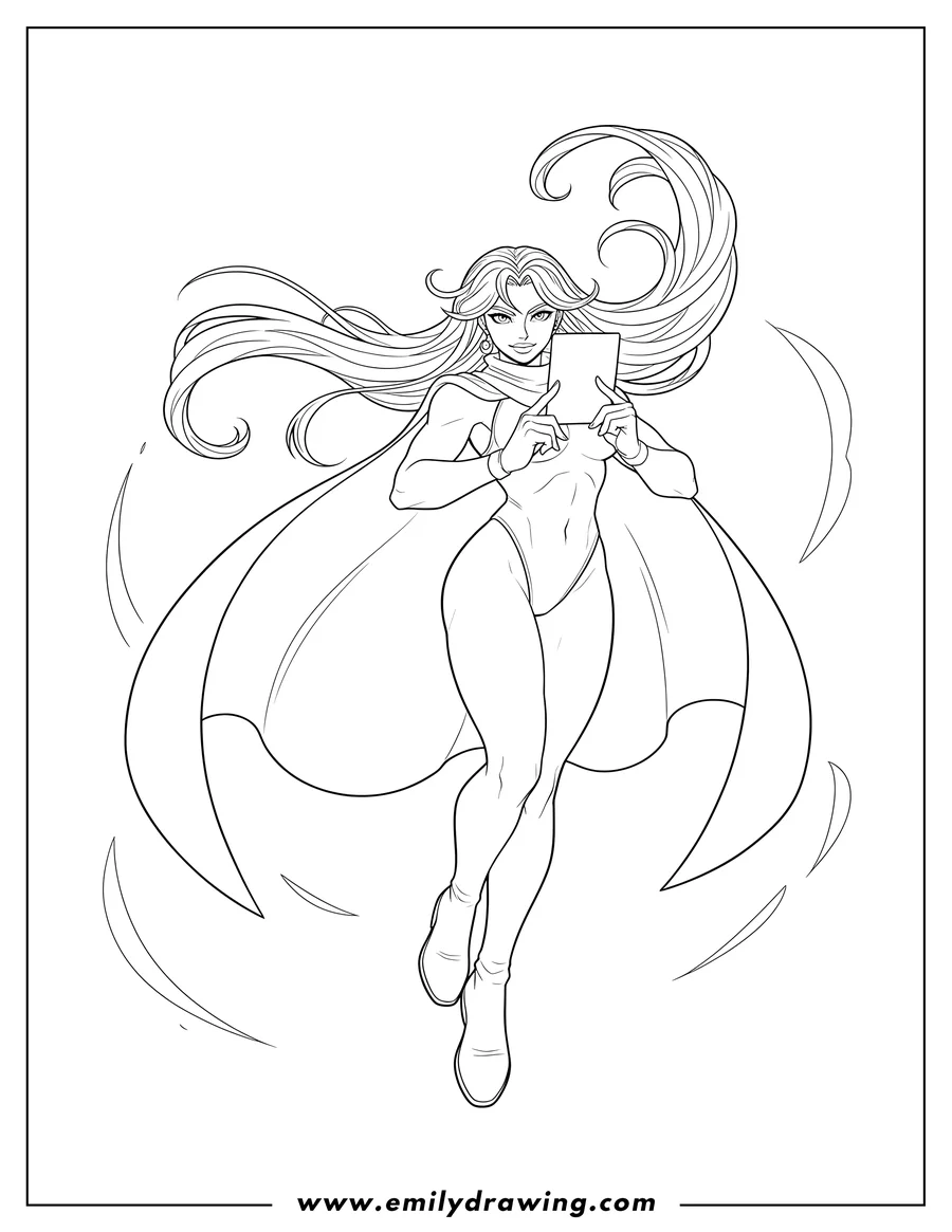 Coloring page of street Fighter Rose holding up a card, with flowing hair and cape, in a dynamic pose