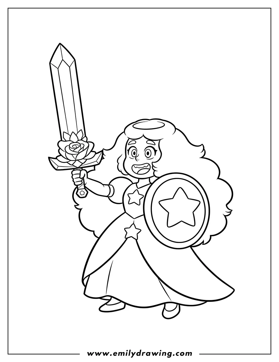 Doodle style coloring picture of cute Rose Quartz Standing, holding a raised sword and shield, wearing her star dress