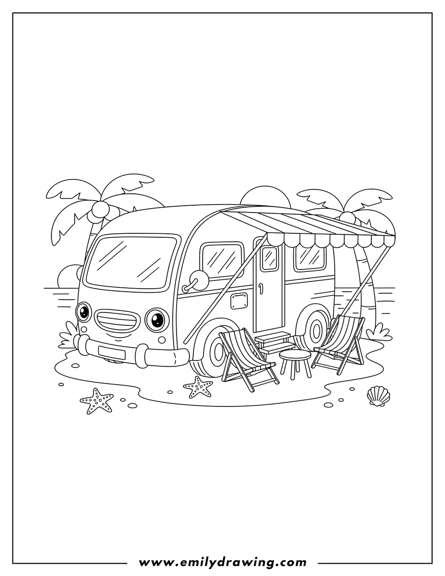 Coloring page for kids: round Campervan With Beach Chairs, an extended awning, and a step ladder