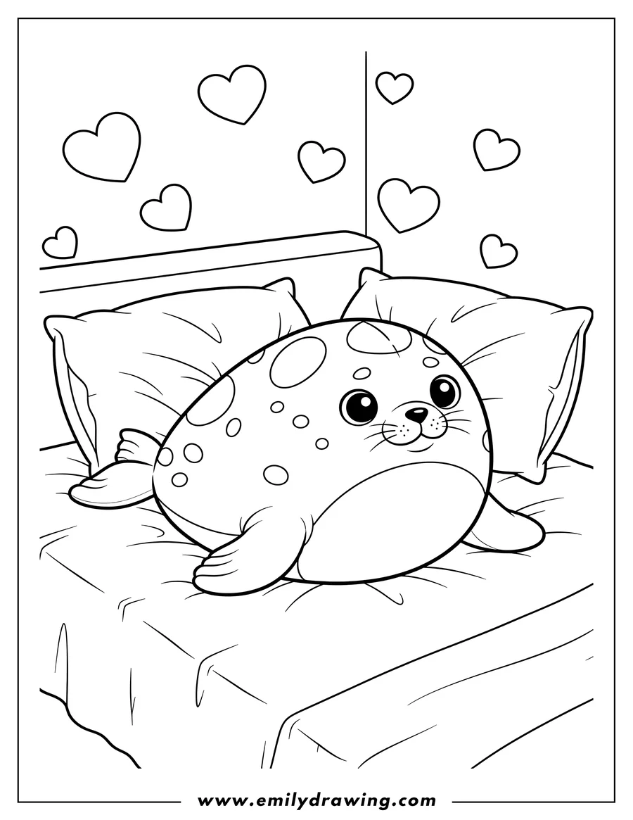 Coloring page of A cute, round, spotted seal stuffed toy lying on a bed with pillows and floating hearts