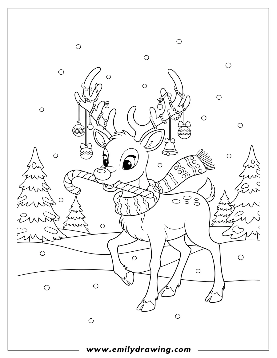 Full page coloring image of rudolph Biting Candy Cane, walking, wearing a scarf and decorated antlers, Snowy Landscape Adultsv2