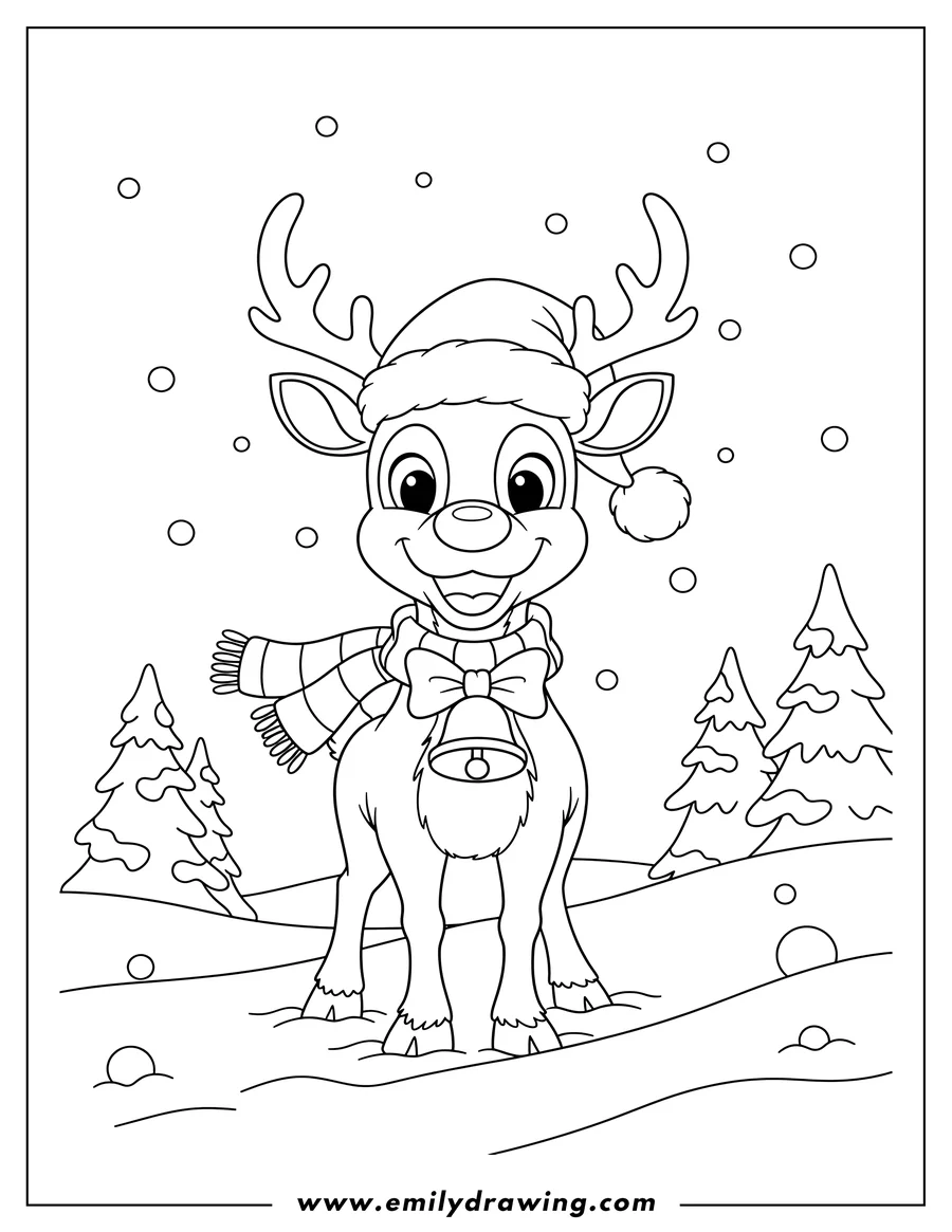 Coloring sheet featuring rudolph Wearing Santa Hat, Scarf, and Bell, Standing in Snow and Smiling