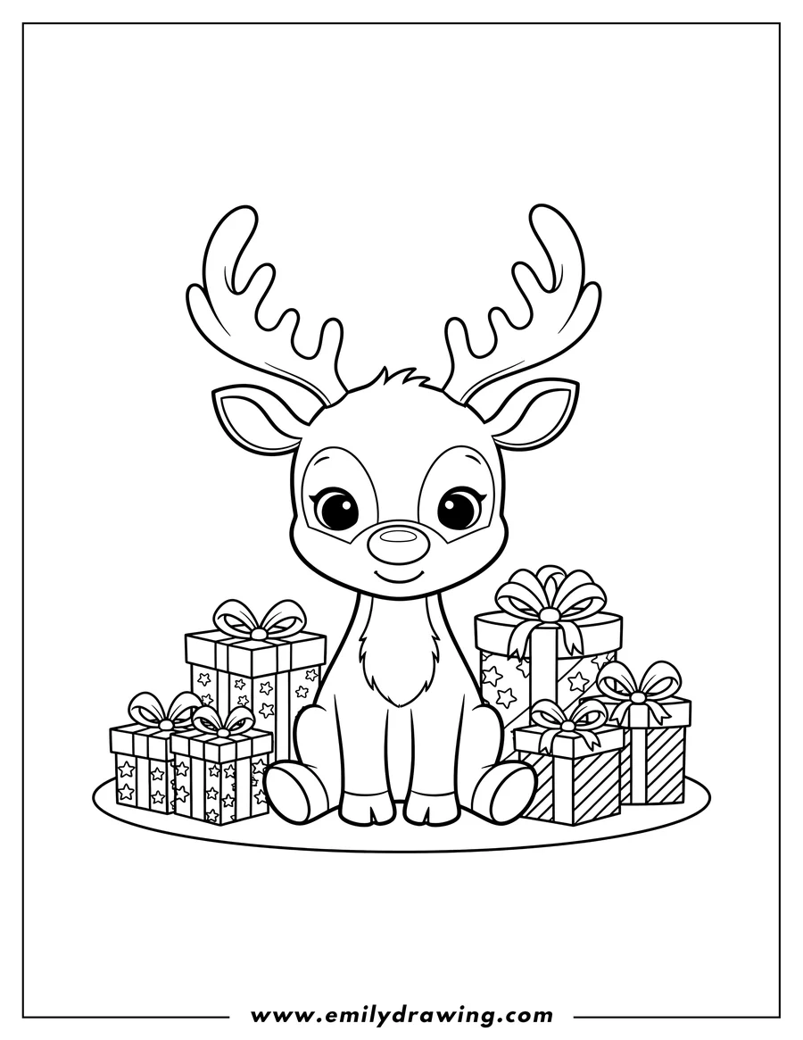 High quality printable cute Rudolph with antlers, sitting, looking forward, and surrounded by Christmas presents for coloring