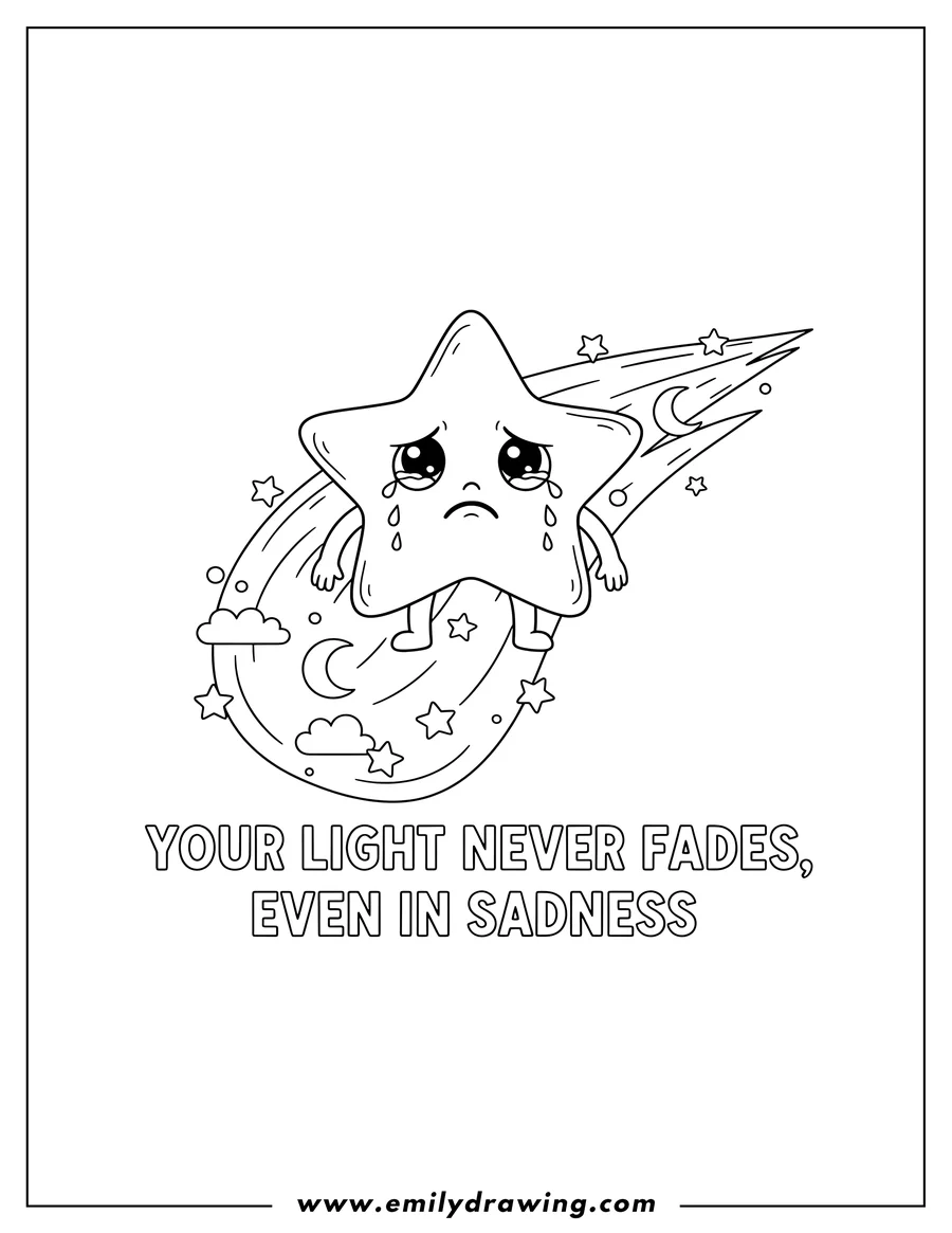 Clean line drawing: A sad shooting star with its trail, and the encouraging words 'Your Light Never Fades, Even in Sadness' written underneath
