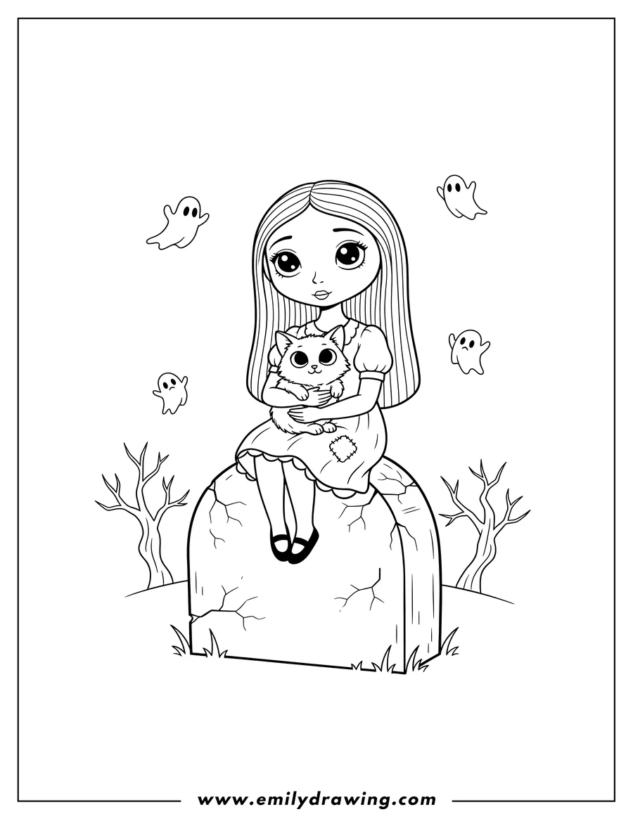Printable line art of cute Sally sitting on a tombstone, holding a small cat