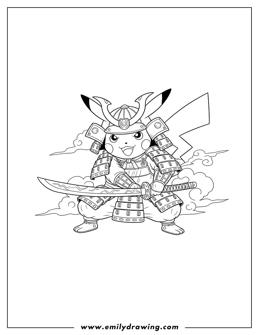 Coloring sheet featuring samurai Pikachu in a crouched battle pose, holding a katana