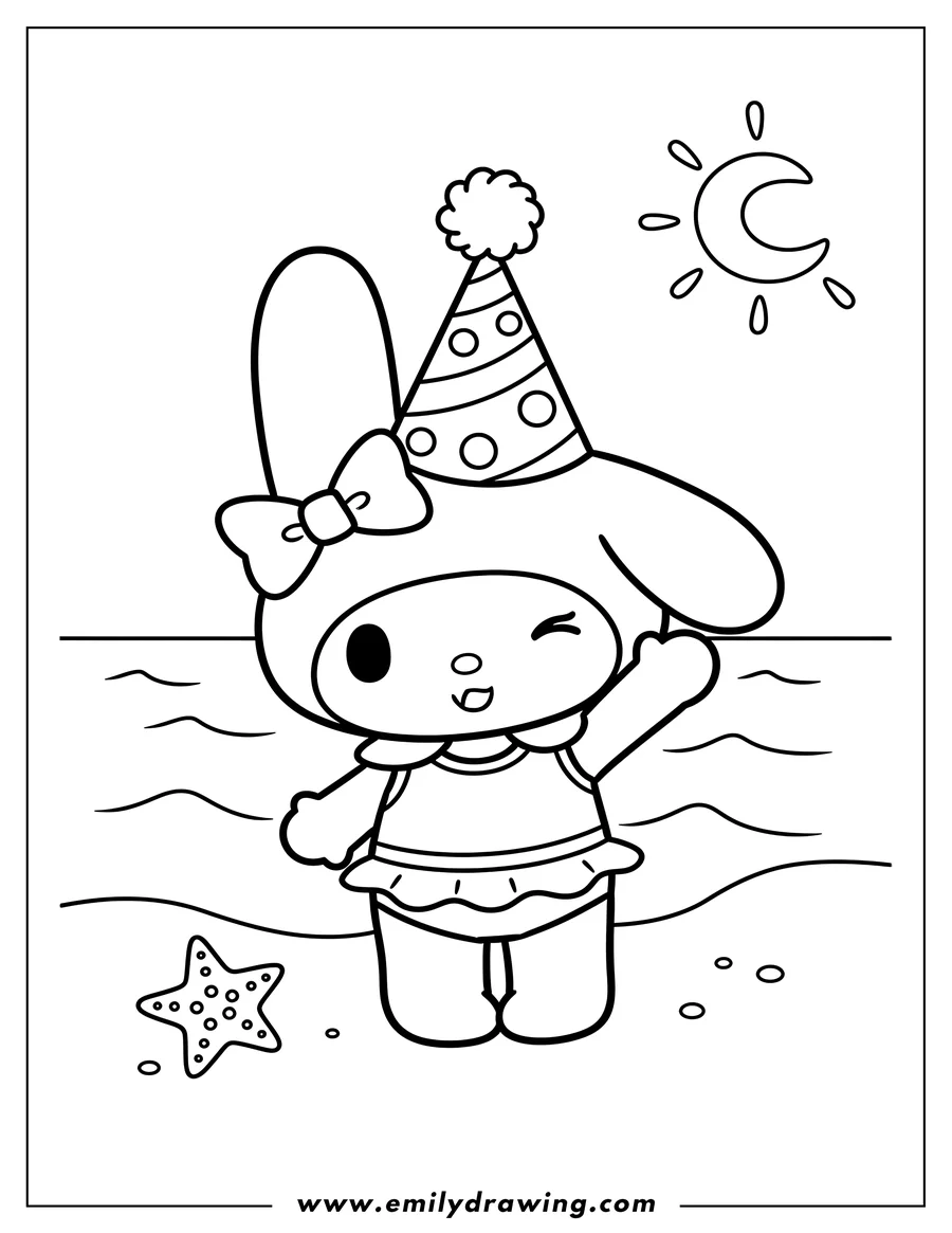 Printable line art of cute Sanrio My Melody at the beach, wearing a party hat, winking, and waving