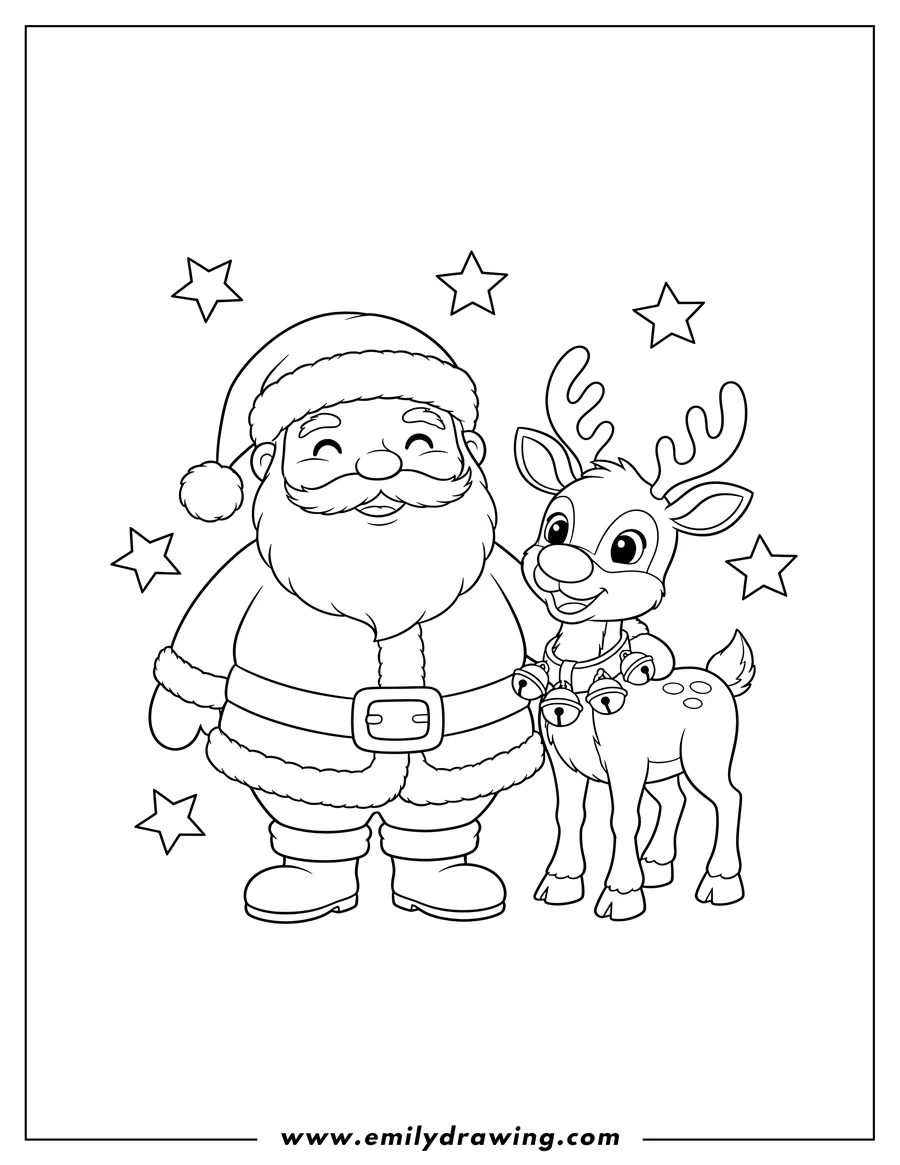 Outline drawing of cute Santa standing with Rudolph beside him, who has bells