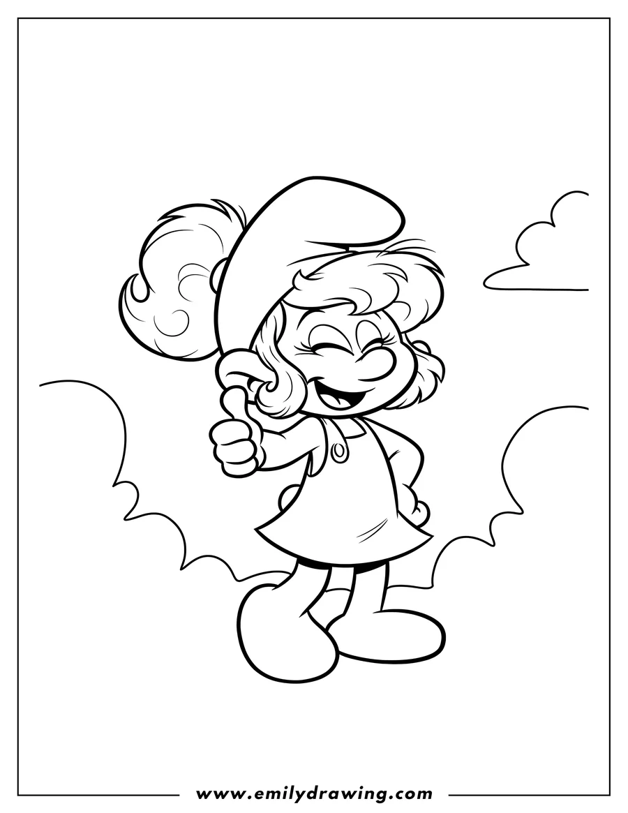 Full page coloring image of cute Sassette Smurfling smiling and giving a thumbs up
