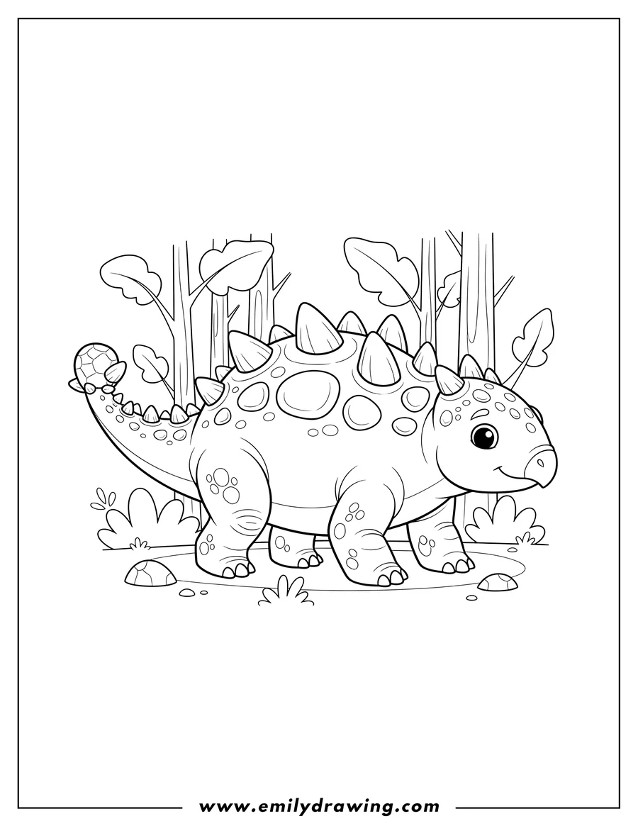 Simple sketch of scaly Ankylosaurus with tail club walking in a forest to color