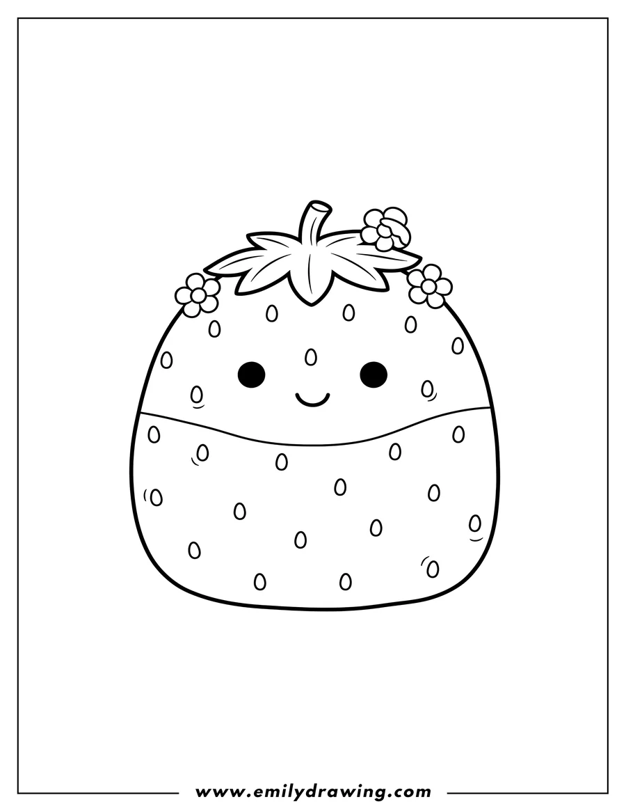 Linear illustration of cute Scarlet Strawberry Squishmallow with a smiling face and seeds