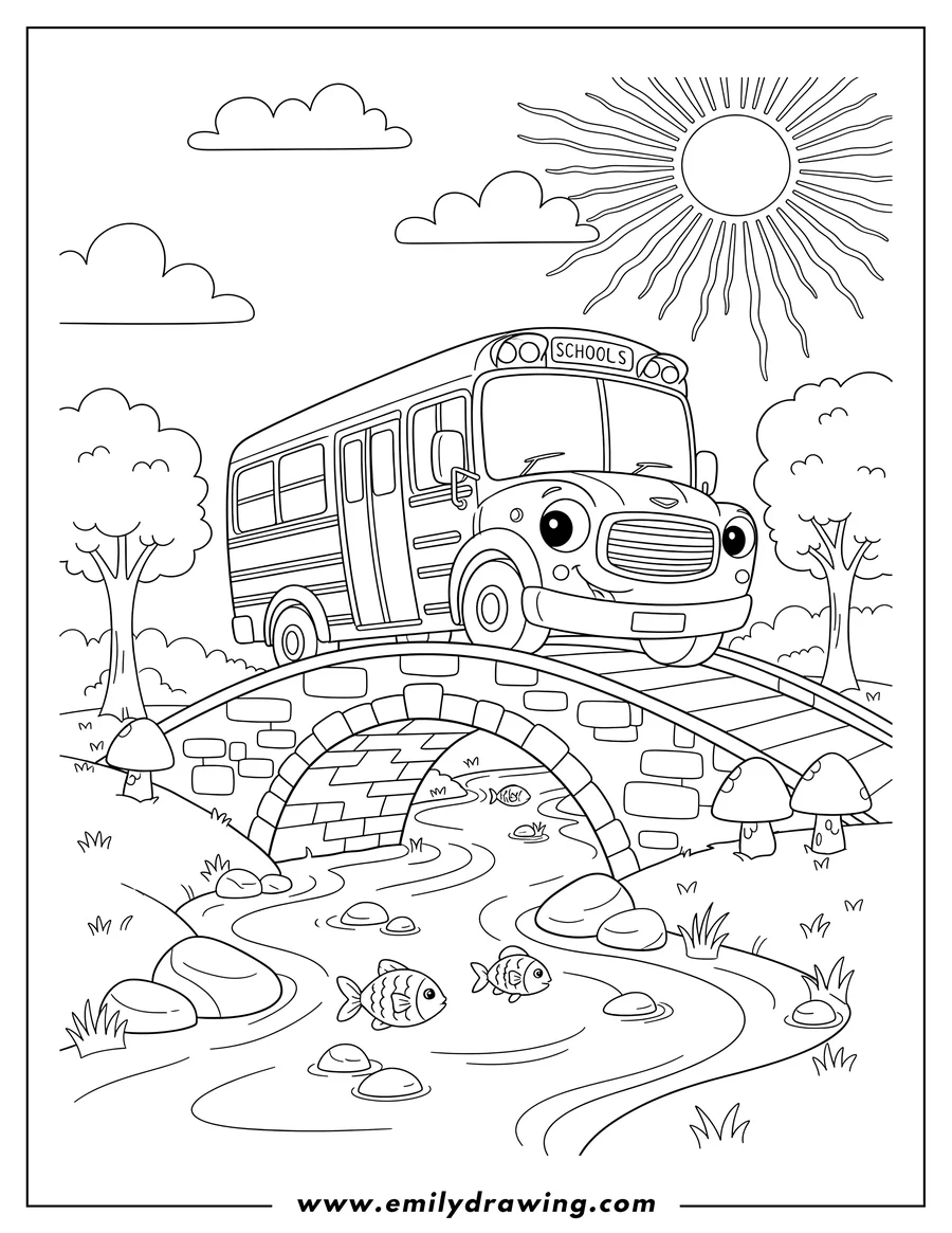 Vector style outline of cute school bus crossing small arched bridge over a stream