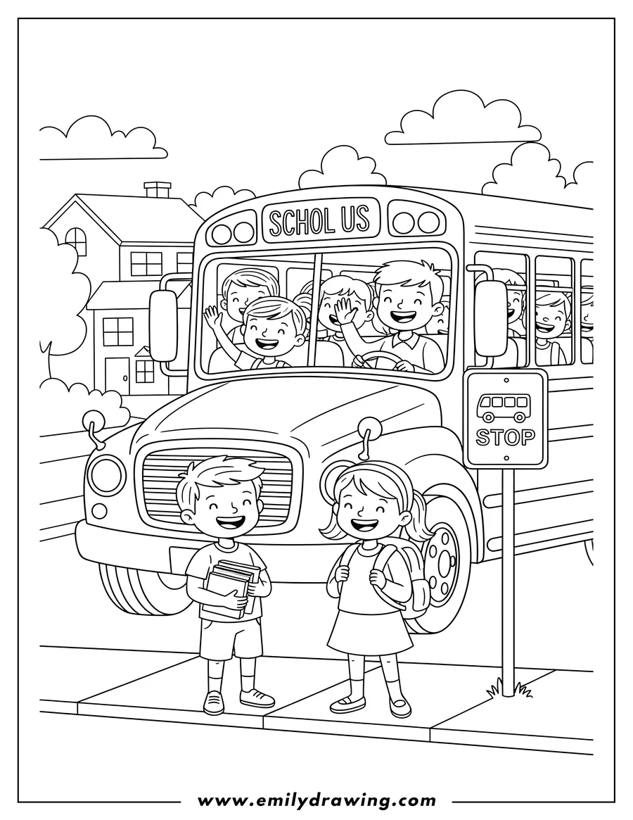 Vector style outline of school Bus Picking Up Students At Bus Stop, with smiling children and driver inside, and two smiling students waiting outside carrying books and a backpack