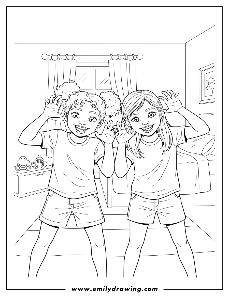Vector style outline of shani Smith And Lila Draper Acting Scary with wide smiles and hands to their heads