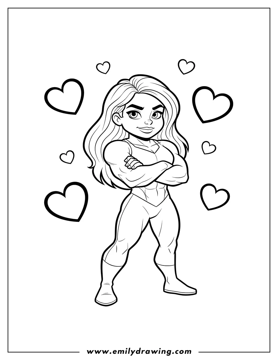 Doodle style coloring picture of she Hulk Cartoon Scaled, with arms crossed, smiling, and surrounded by hearts