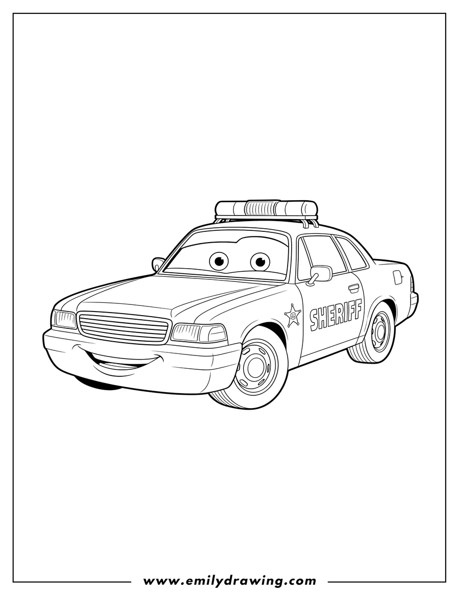 Linear illustration of sheriff Character From Cars Movie as a police car with SHERIFF on its side and expressive eyes on the windshield, for a coloring page