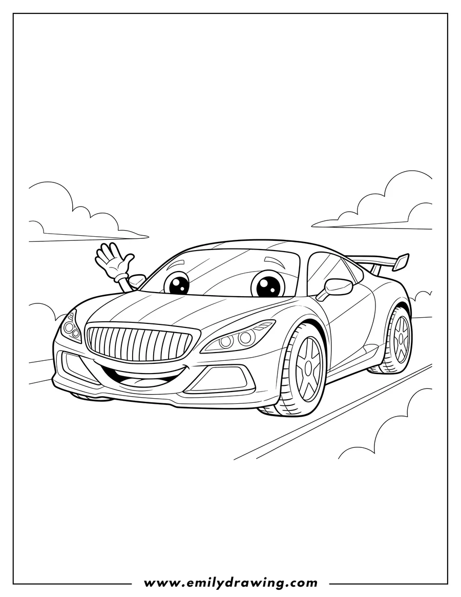 Outline drawing of shine Sports Luxury Car with a friendly face