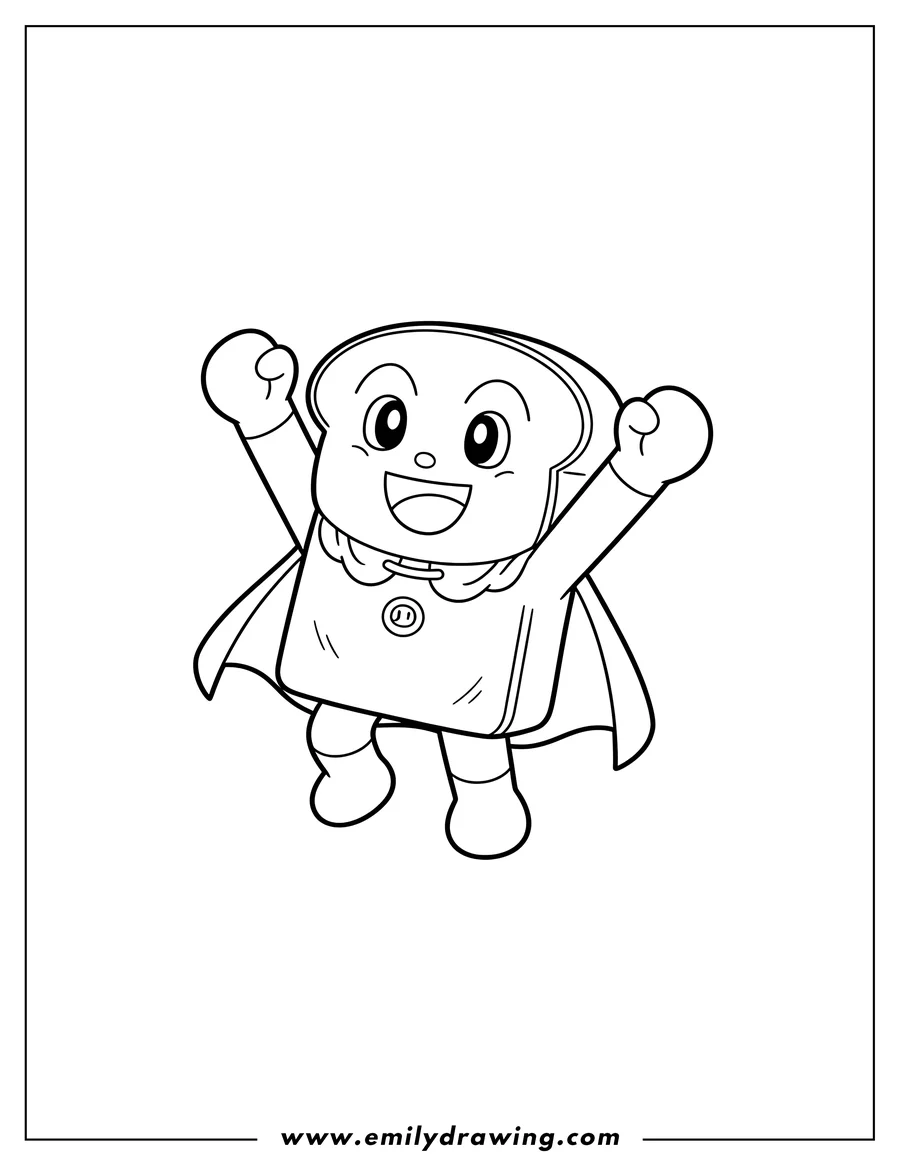 Free printable coloring sheet of cute Shokupanman Cheering with arms raised and a big smile, wearing a cape