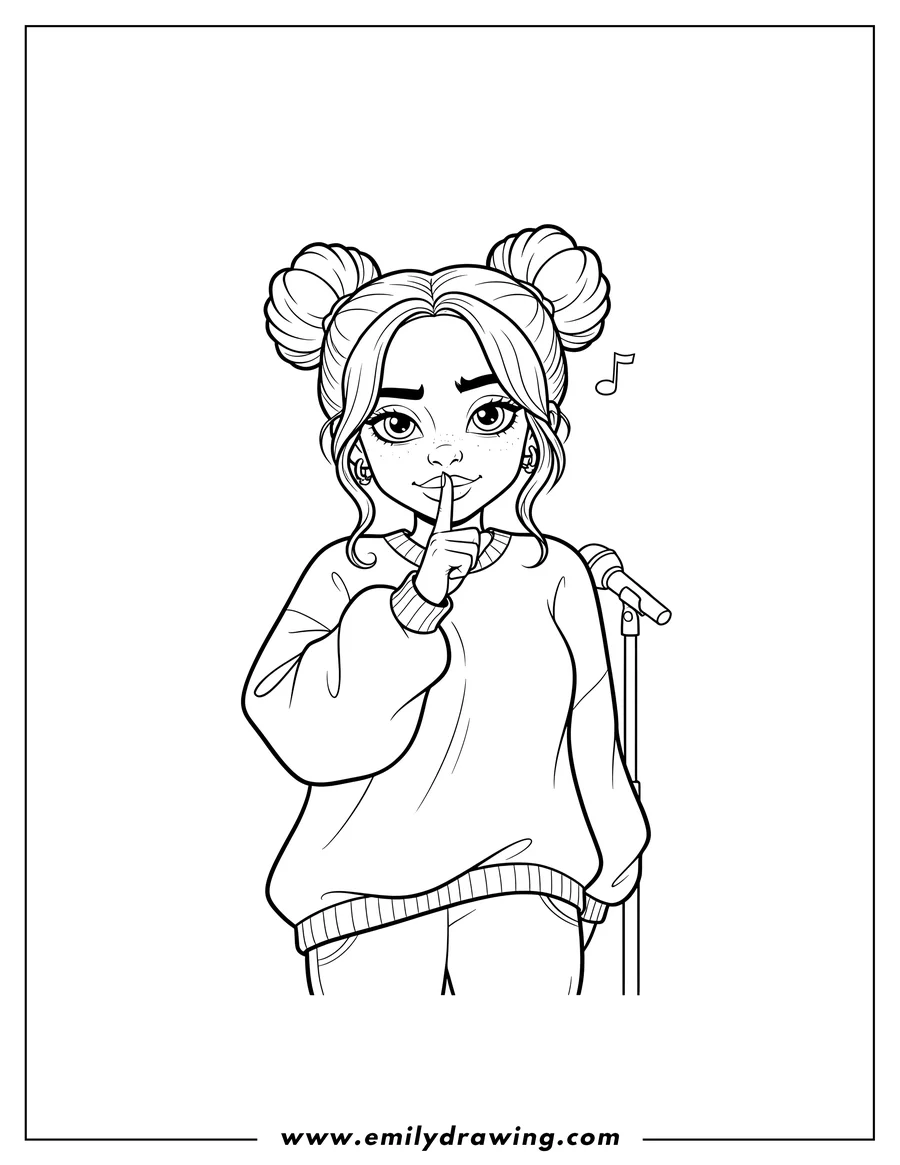 Linear illustration of billie Eilish with two high buns, pressing her index finger to her lips in a 'shush' gesture