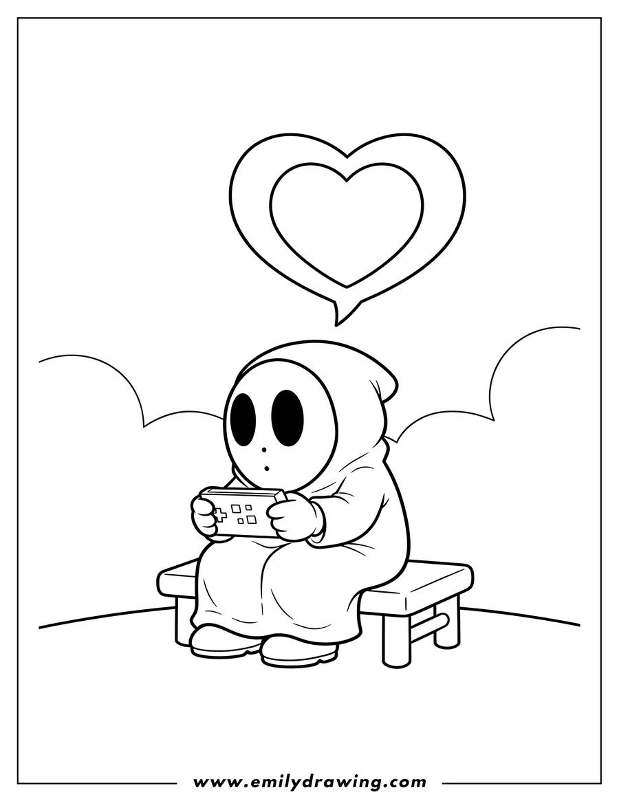 Printable line art of shy Guy sitting and playing a handheld video game with a heart speech bubble, outline