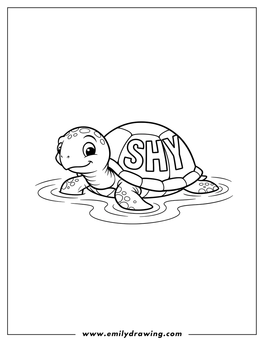 Full page coloring image of shy turtle floating on water, smiling, with the word SHY on its shell