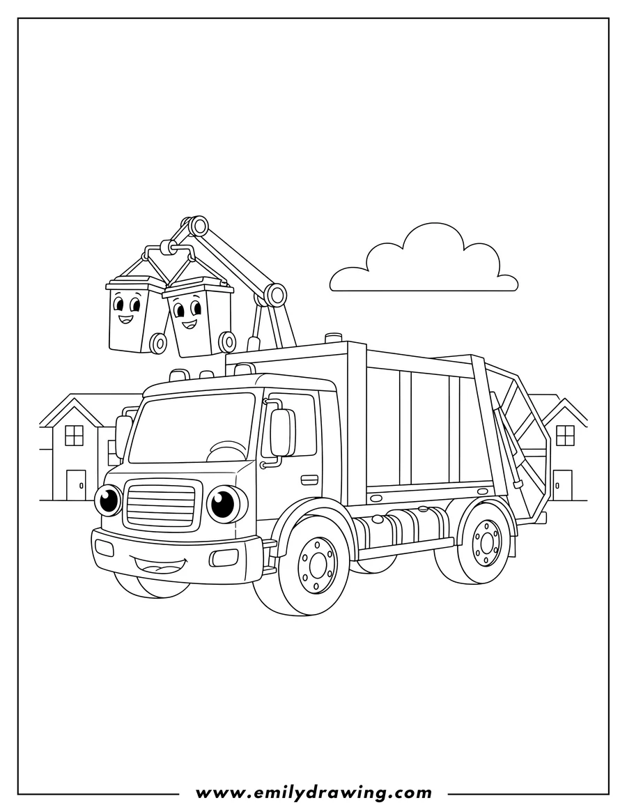 Doodle style coloring picture of side Loader Garbage Truck picking up two trash bins