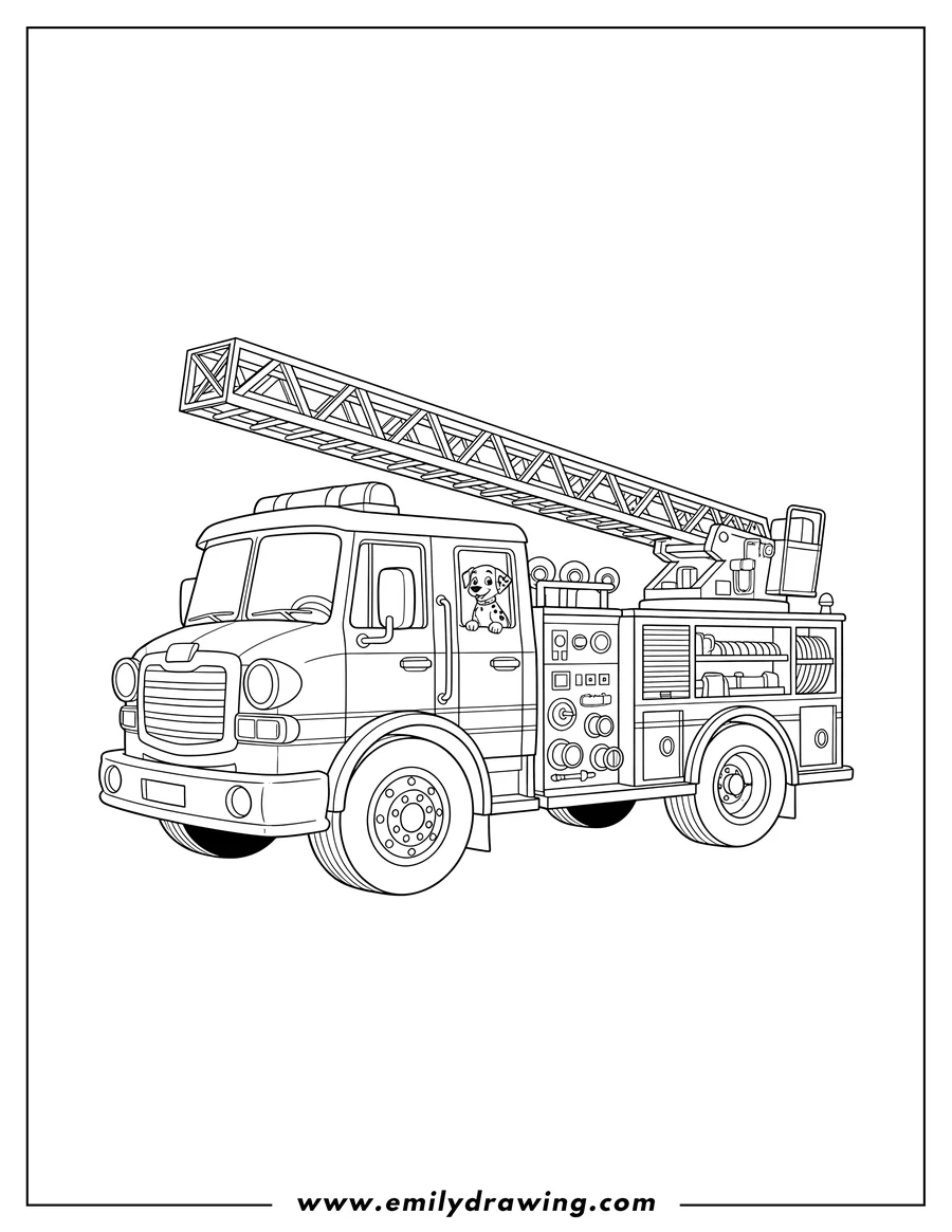 Vector style outline of side View Cartoon Fire Truck with a ladder, coloring page
