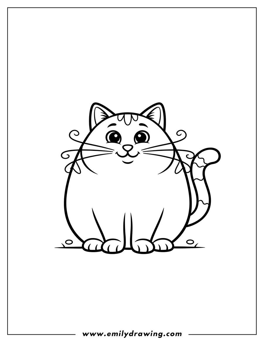 Free to print drawing of cute simple cat sitting and smiling, with whiskers and a tail, preschoolers style
