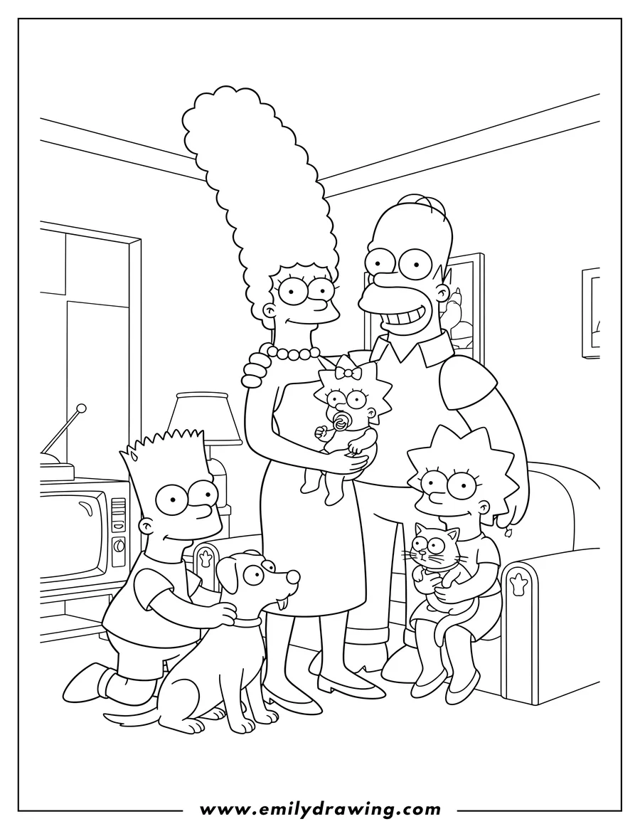 Printable coloring page of the Simpsons family with Marge holding Maggie, Bart petting their dog, and Lisa with their cat