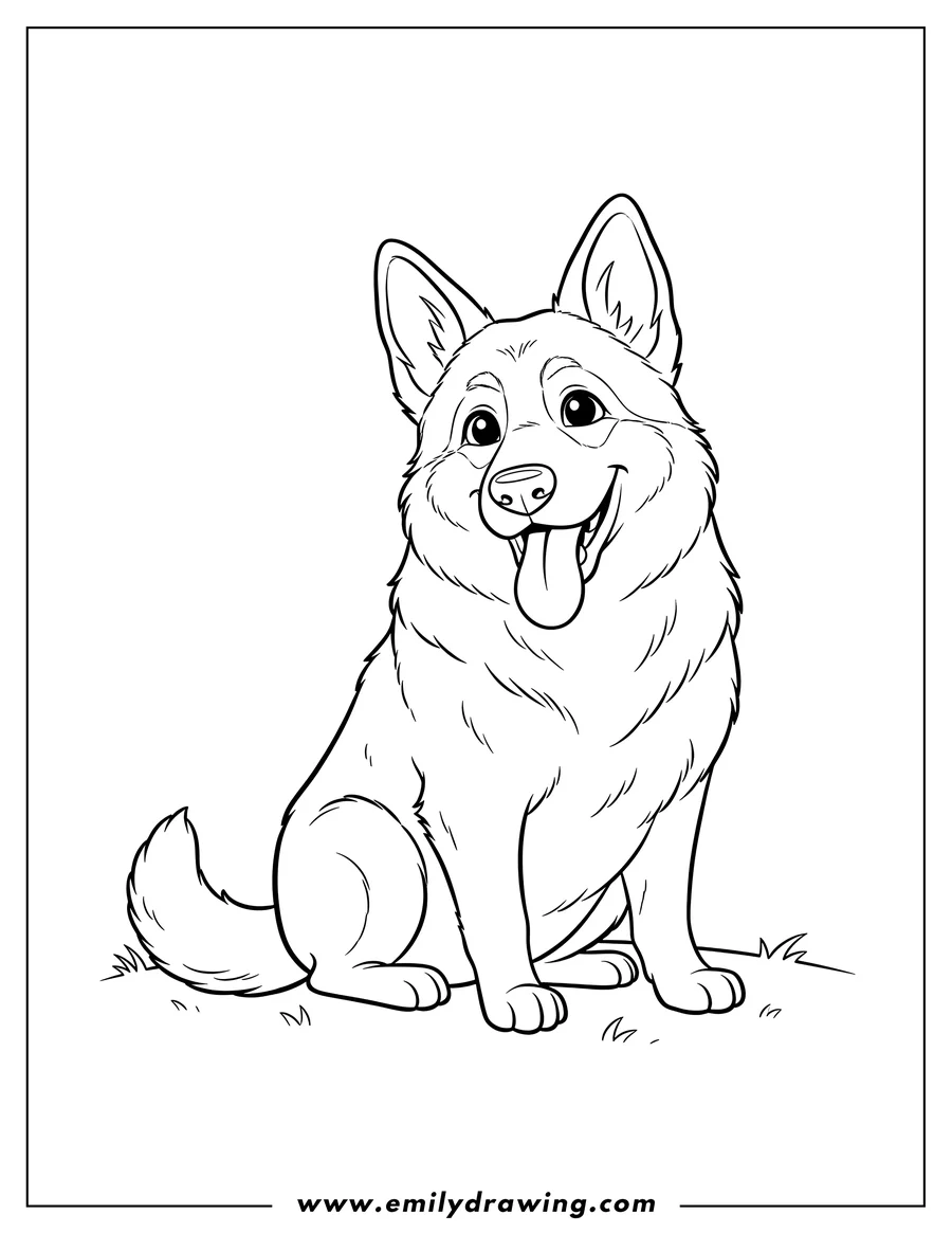 Black and white line art of cute German Shepherd Sitting with Tongue Out