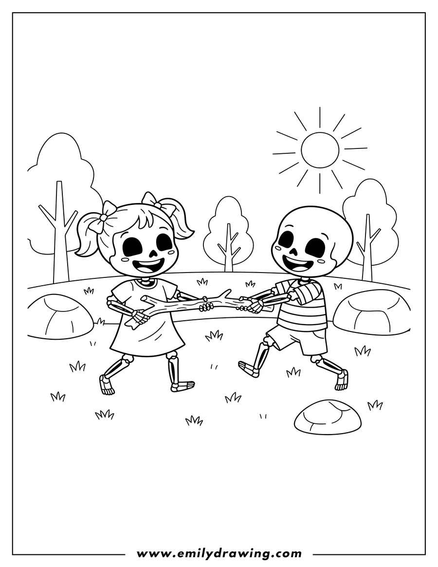 Clean line drawing: skeleton Girl and Boy Preschoolers Playing with a Stick