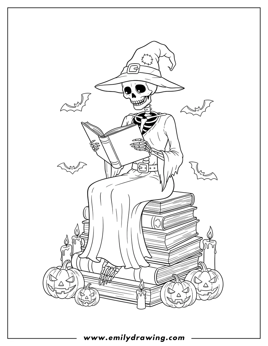 Simple sketch of skeleton Witch reading an open book on a stack of books, surrounded by jack-o'-lanterns, candles, and flying bats, Halloween to color