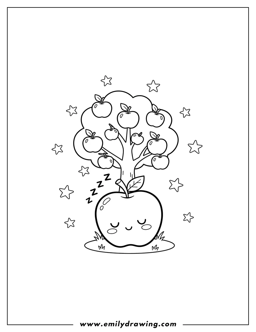 Printable coloring page of cute sleeping apple with 'Zzz' symbols under a starry apple tree