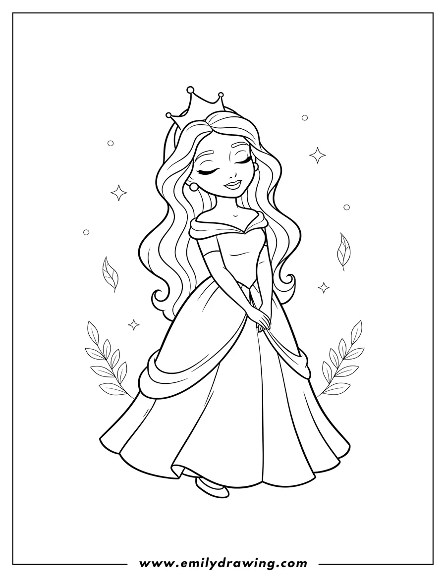 Coloring page for kids: cute Sleeping Beauty smiling and standing