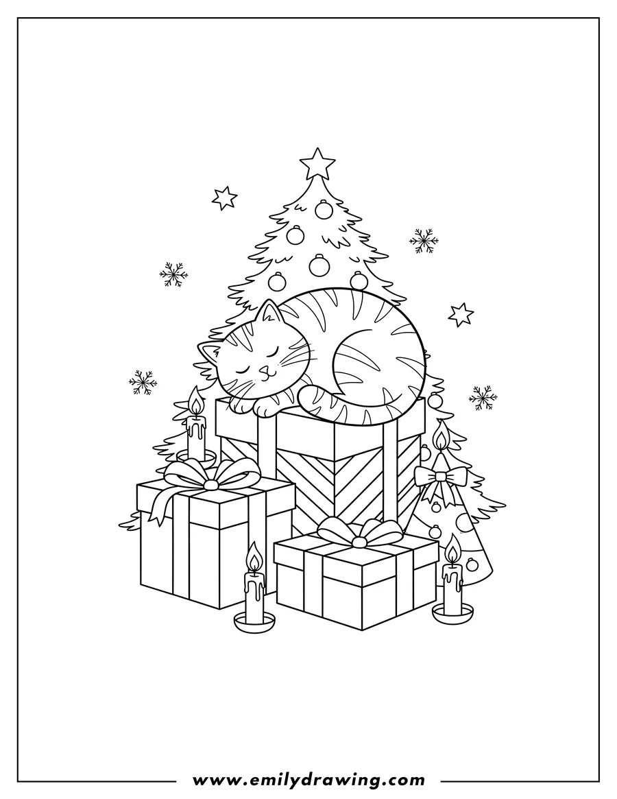 Vector style outline of sleeping striped Christmas cat on stacked wrapped gifts with multiple candles