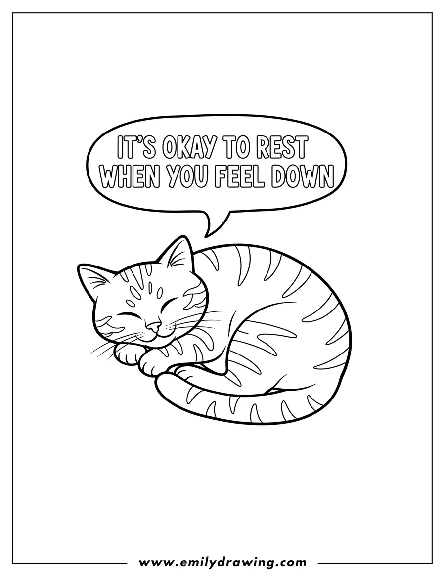 Printable line art of it's okay to rest when you feel down words in a speech bubble above a curled up sleeping tabby cat