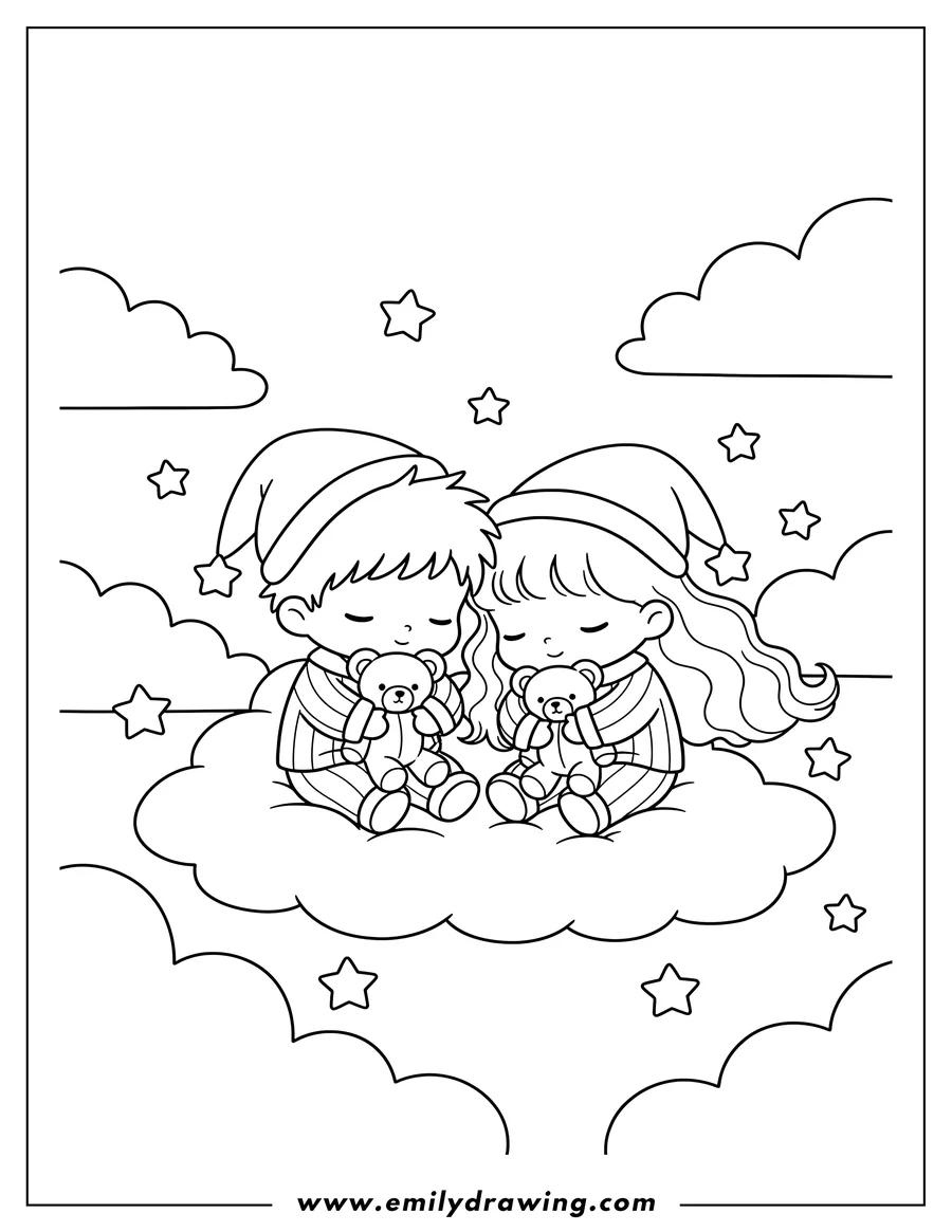 Printable coloring page of sleepy Little Twin Stars in pajamas, holding teddy bears, on clouds