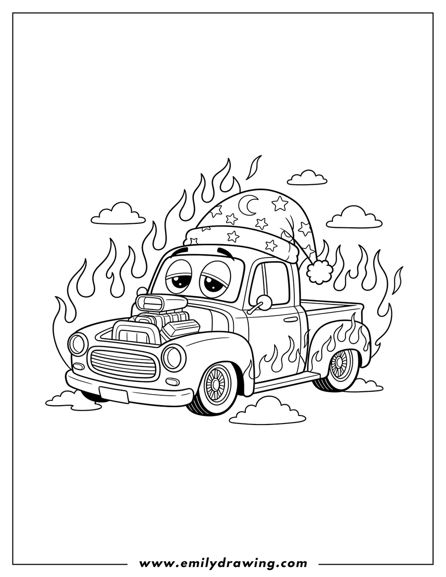 Printable coloring page of sleep Lowrider truck with exposed engine and flames