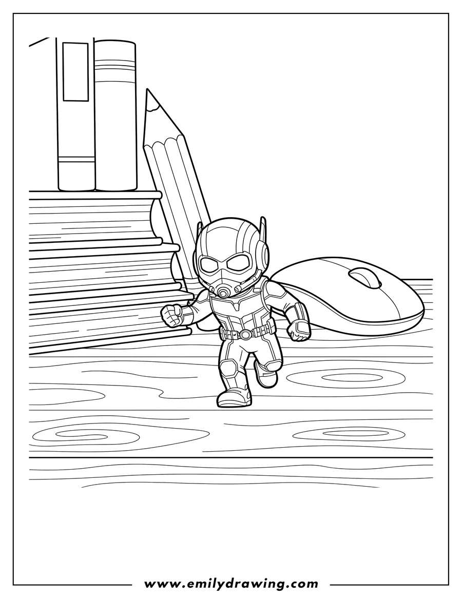 Coloring sheet featuring small Ant Man Standing On Desk, striding forward with his left arm outstretched